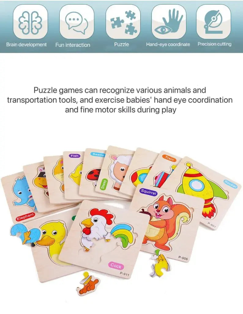 3 PCs Random Color Puzzle 3D Toys Early Education Wooden Cartoon Animal Puzzle Puzzle Infant Puzzle Board Toys Pinochio