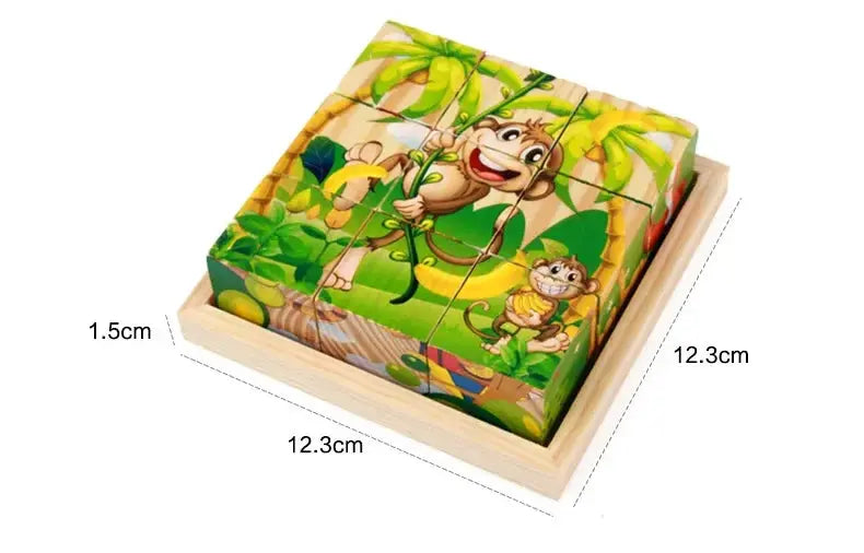 3D cube Wooden puzzle children's nine pieces six-sided wooden block tray children's Montessori learning educational puzzle toys Pinochio