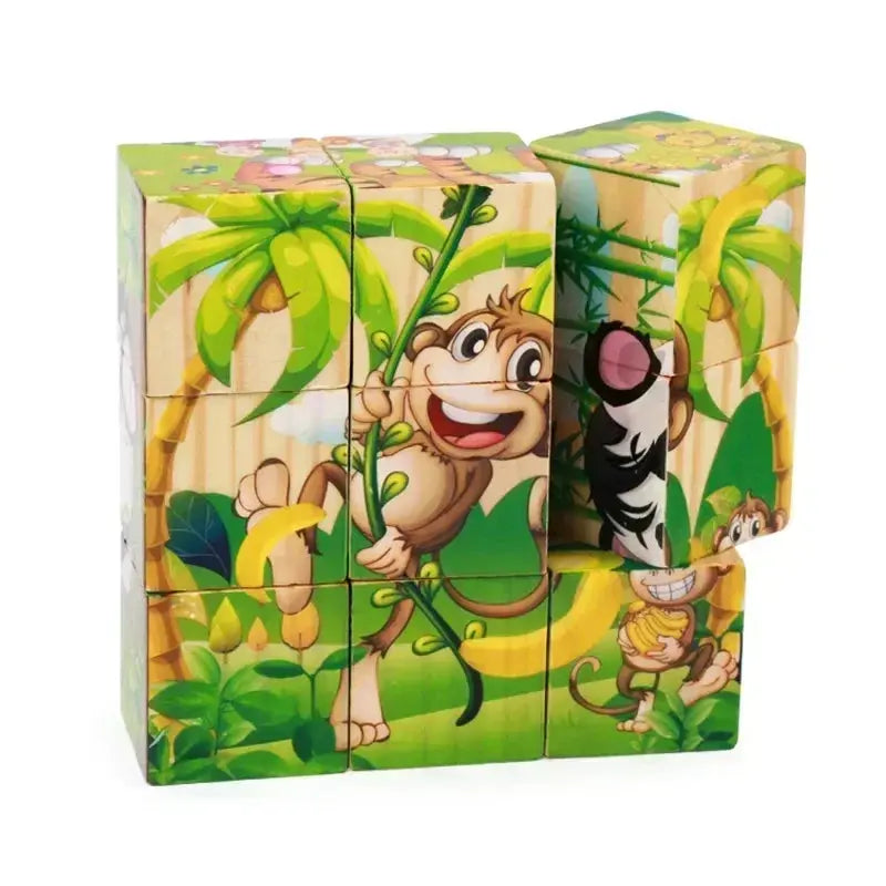 3D cube Wooden puzzle children's nine pieces six-sided wooden block tray children's Montessori learning educational puzzle toys Pinochio