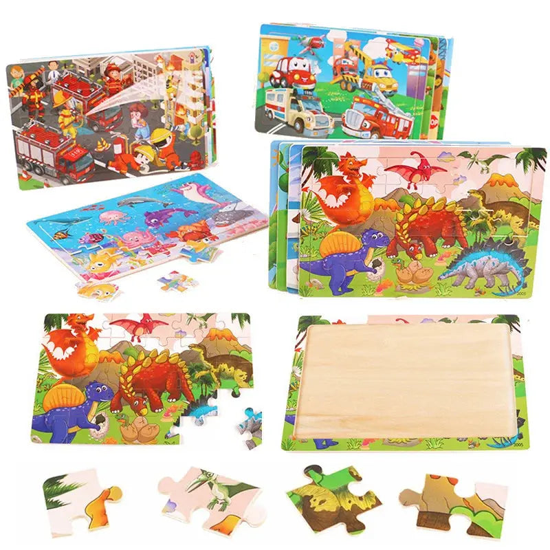 New 30 Pieces Wooden Puzzles Cartoon Animal Traffic Tangram Wood 3d Puzzle Montessori Educational Toys for Children Gifts Pinochio