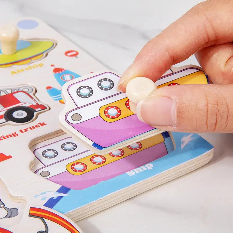 Wooden Puzzle Montessori Toys for Kids Cartoon Animal Traffic Hand Grab Boards Early Learning Educational Toys for Children Pinochio