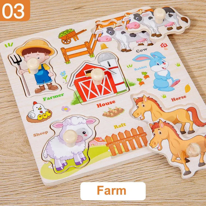 Wooden Puzzle Montessori Toys for Kids Cartoon Animal Traffic Hand Grab Boards Early Learning Educational Toys for Children Pinochio