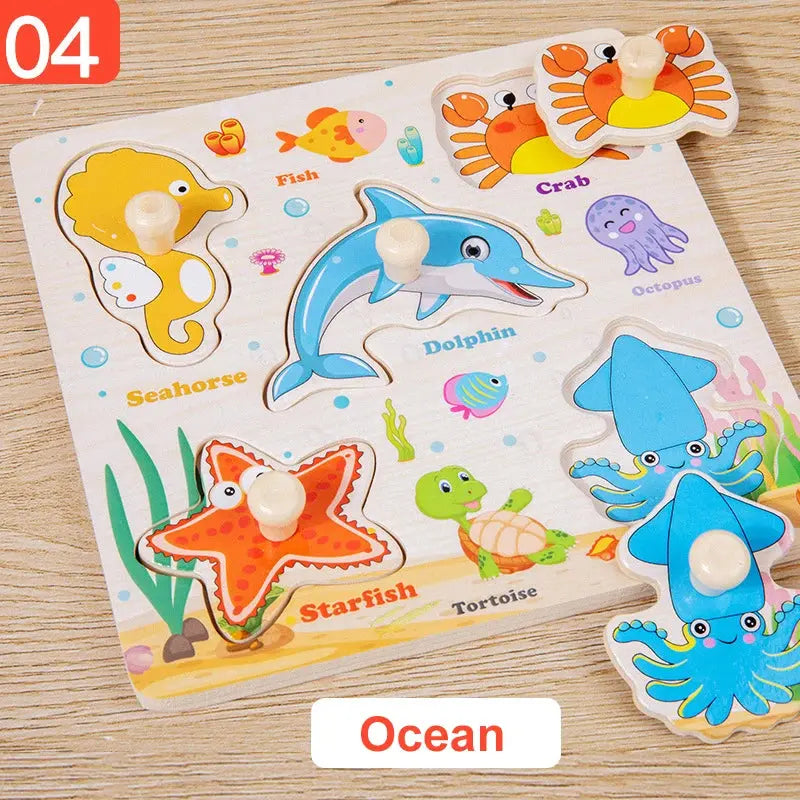 Wooden Puzzle Montessori Toys for Kids Cartoon Animal Traffic Hand Grab Boards Early Learning Educational Toys for Children Pinochio