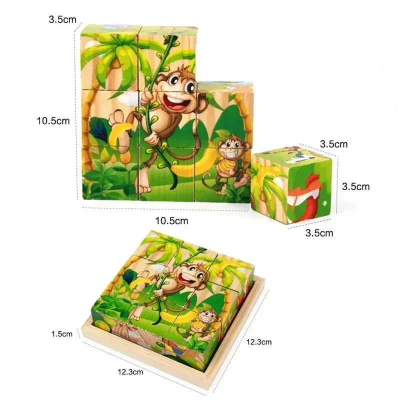 3D cube Wooden puzzle children's nine pieces six-sided wooden block tray children's Montessori learning educational puzzle toys Pinochio