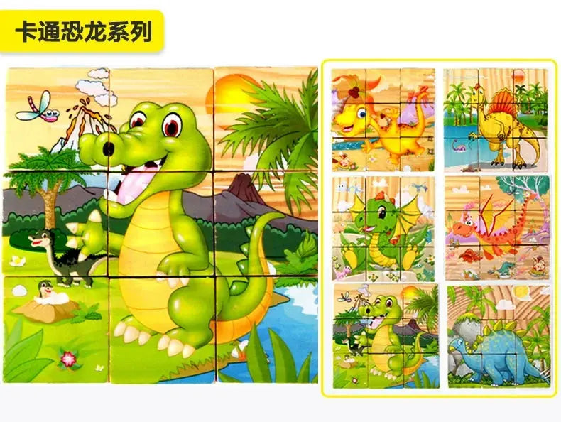 3D cube Wooden puzzle children's nine pieces six-sided wooden block tray children's Montessori learning educational puzzle toys Pinochio