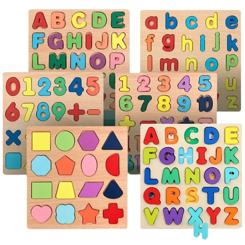 Kids Alphabetic Arithmetic Number Geometric Shapes Wooden Puzzle Montessori Preschool Learning Educational Game Toy for Children Pinochio