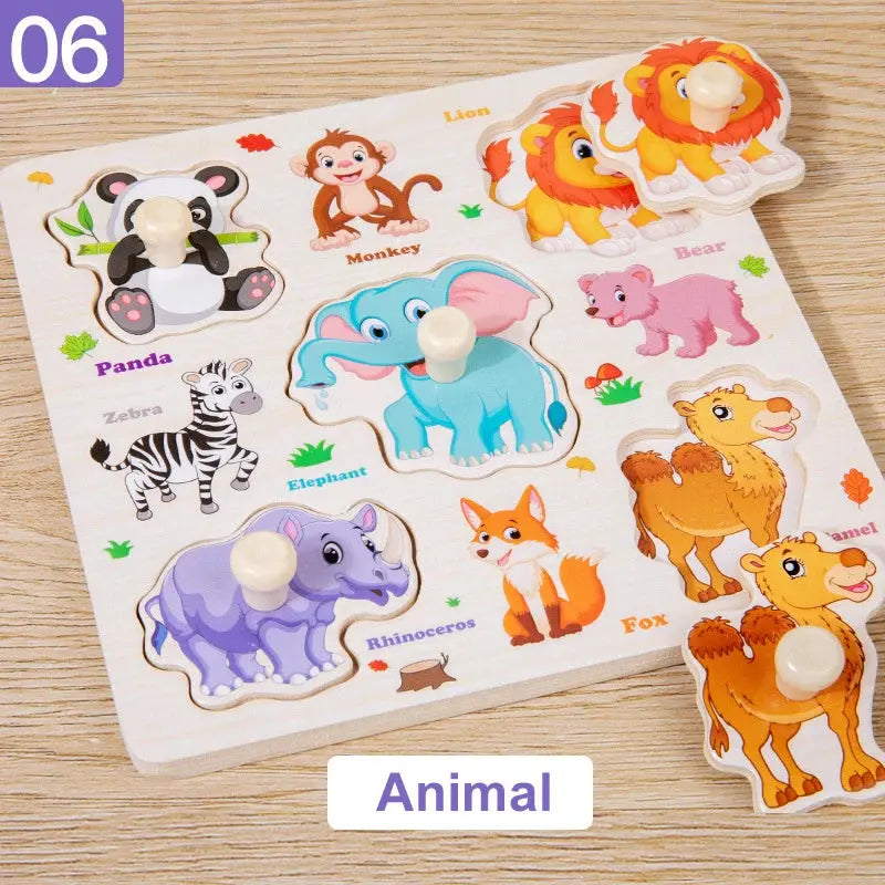 Wooden Puzzle Montessori Toys for Kids Cartoon Animal Traffic Hand Grab Boards Early Learning Educational Toys for Children Pinochio
