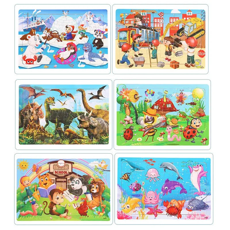 New 30 Pieces Wooden Puzzles Cartoon Animal Traffic Tangram Wood 3d Puzzle Montessori Educational Toys for Children Gifts Pinochio