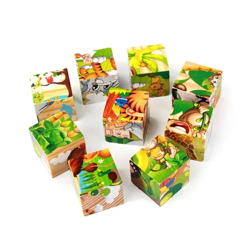 3D cube Wooden puzzle children's nine pieces six-sided wooden block tray children's Montessori learning educational puzzle toys Pinochio
