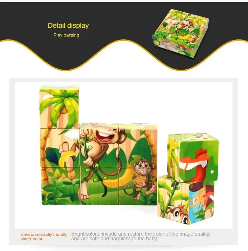 3D cube Wooden puzzle children's nine pieces six-sided wooden block tray children's Montessori learning educational puzzle toys Pinochio