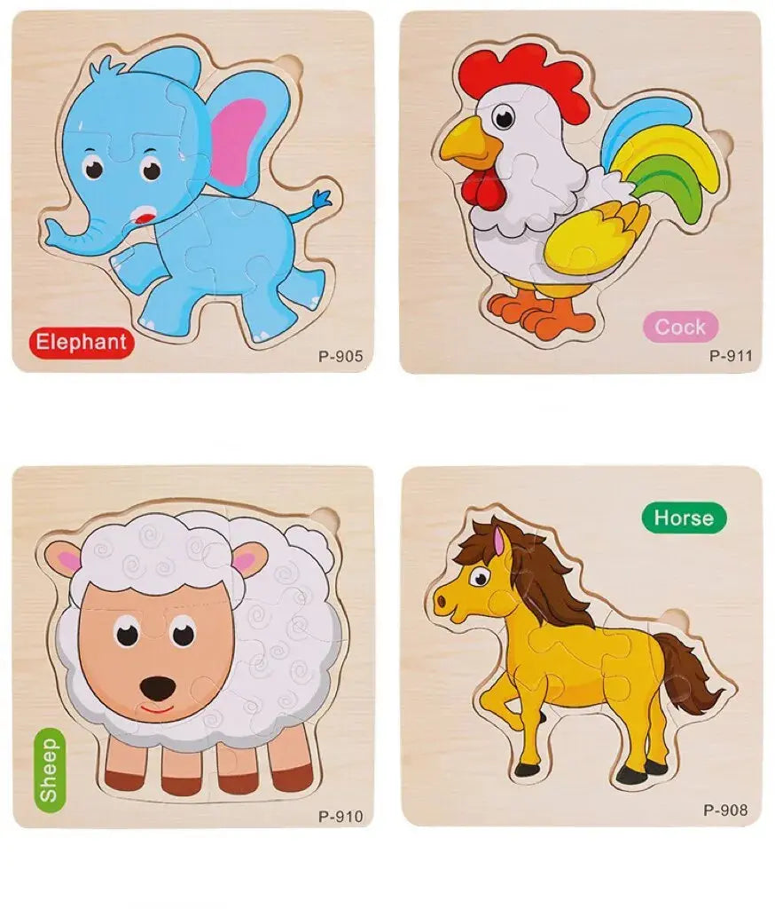 3 PCs Random Color Puzzle 3D Toys Early Education Wooden Cartoon Animal Puzzle Puzzle Infant Puzzle Board Toys Pinochio