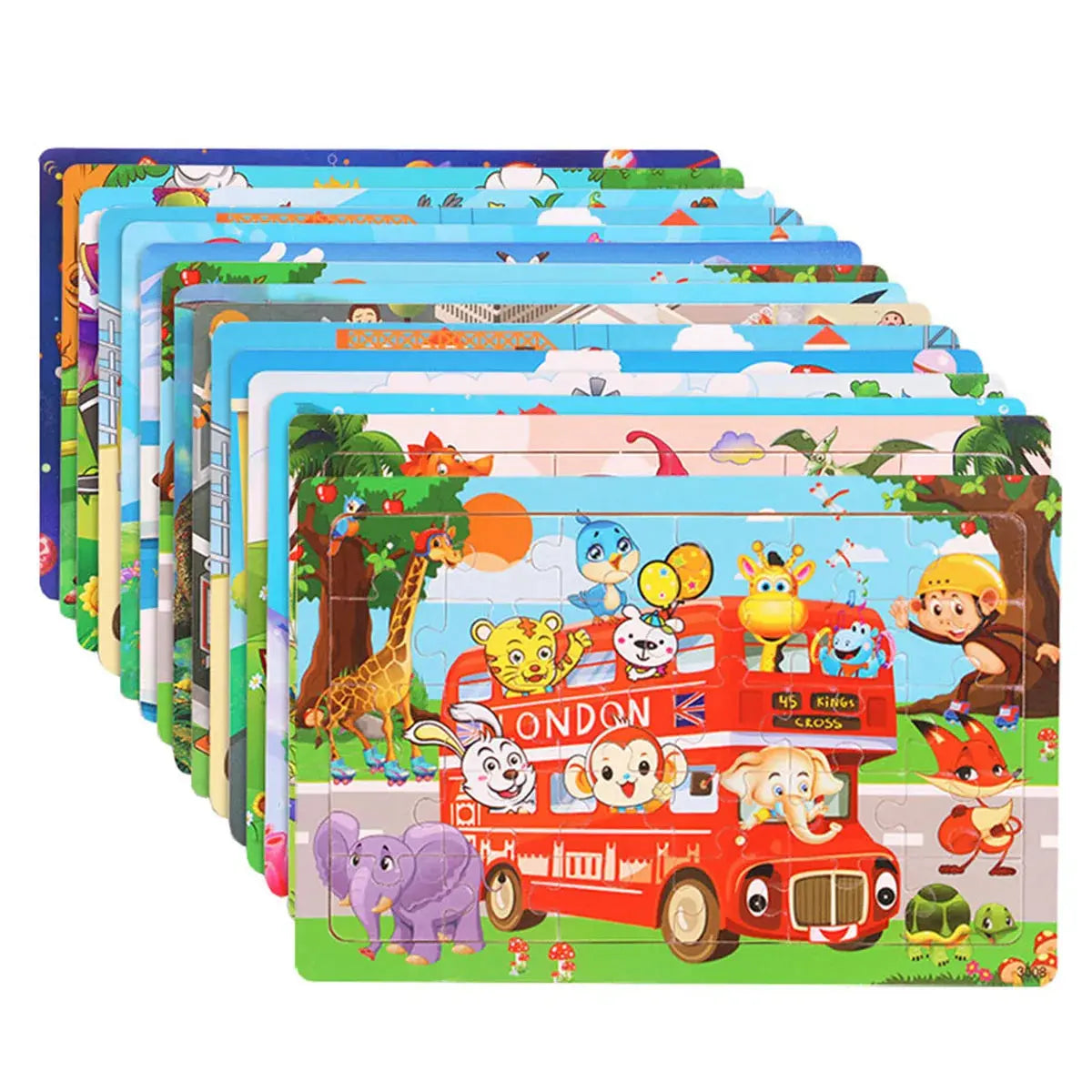 1pc 30 Pieces Wooden Jigsaw Puzzle Kids Cartoon Animal Vehicle Puzzles Games Montessori Learning Educational Toys for Children Pinochio