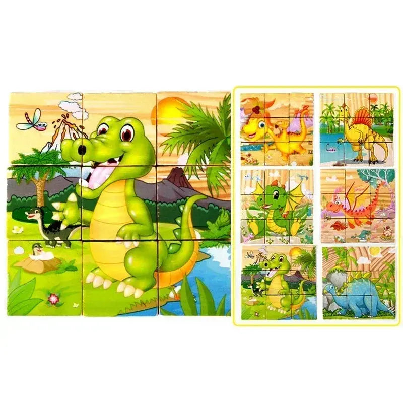 3D cube Wooden puzzle children's nine pieces six-sided wooden block tray children's Montessori learning educational puzzle toys Pinochio