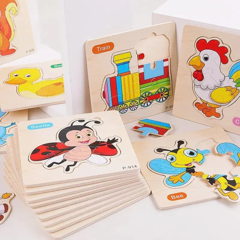 3 PCs Random Color Puzzle 3D Toys Early Education Wooden Cartoon Animal Puzzle Puzzle Infant Puzzle Board Toys Pinochio