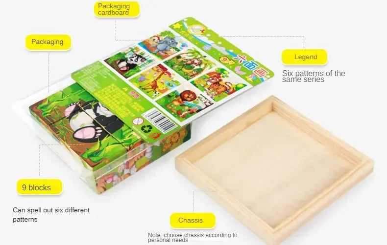 3D cube Wooden puzzle children's nine pieces six-sided wooden block tray children's Montessori learning educational puzzle toys Pinochio