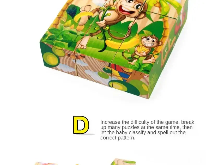 3D cube Wooden puzzle children's nine pieces six-sided wooden block tray children's Montessori learning educational puzzle toys Pinochio