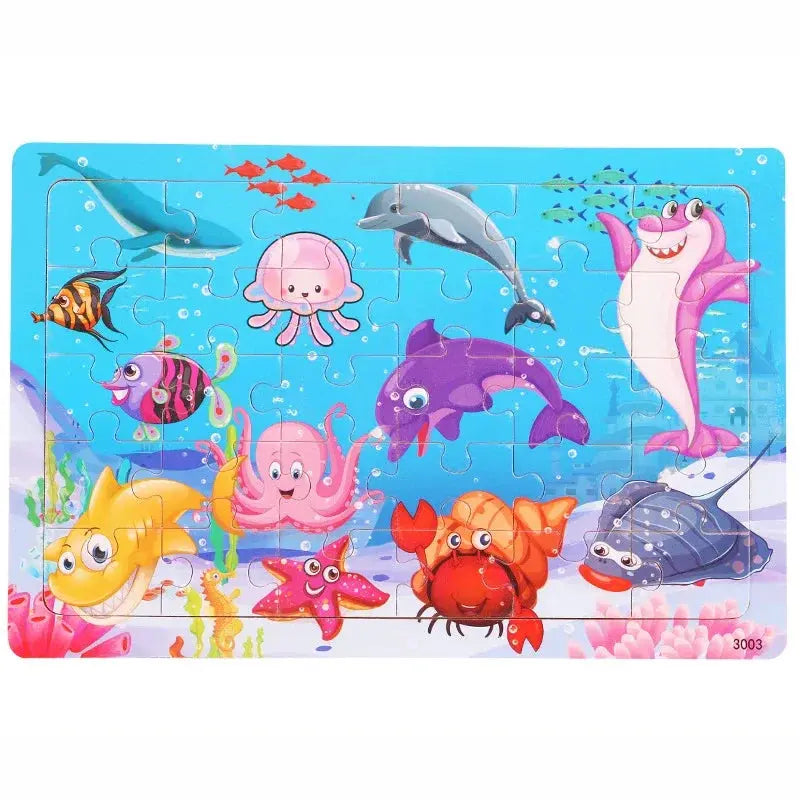 1pc 30 Pieces Wooden Jigsaw Puzzle Kids Cartoon Animal Vehicle Puzzles Games Montessori Learning Educational Toys for Children Pinochio