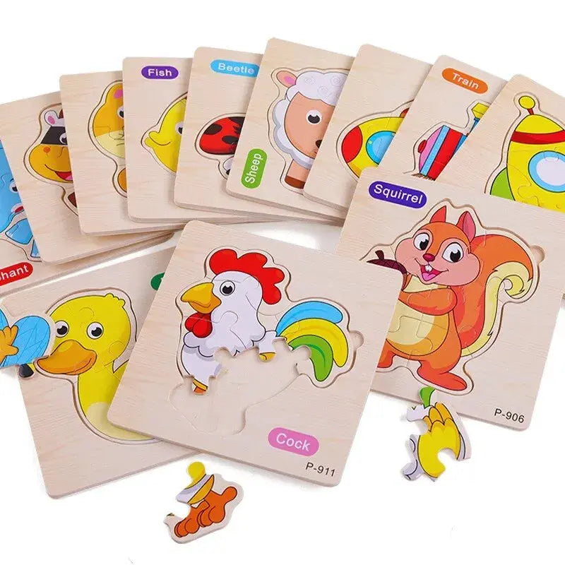 3 PCs Random Color Puzzle 3D Toys Early Education Wooden Cartoon Animal Puzzle Puzzle Infant Puzzle Board Toys Pinochio