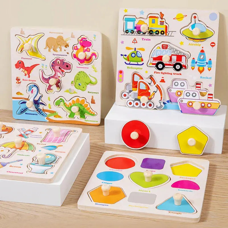 Wooden Puzzle Montessori Toys for Kids Cartoon Animal Traffic Hand Grab Boards Early Learning Educational Toys for Children Pinochio