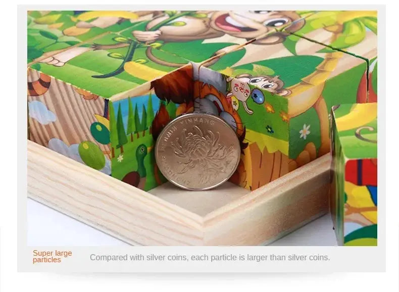 3D cube Wooden puzzle children's nine pieces six-sided wooden block tray children's Montessori learning educational puzzle toys Pinochio