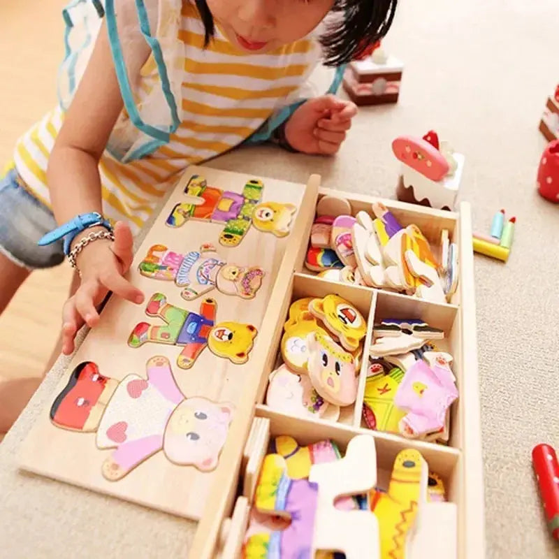 Little Bear Change Clothes Children's Early Education Wooden Jigsaw Puzzle Dressing Game Baby Puzzle Toys for Children Gift Pinochio