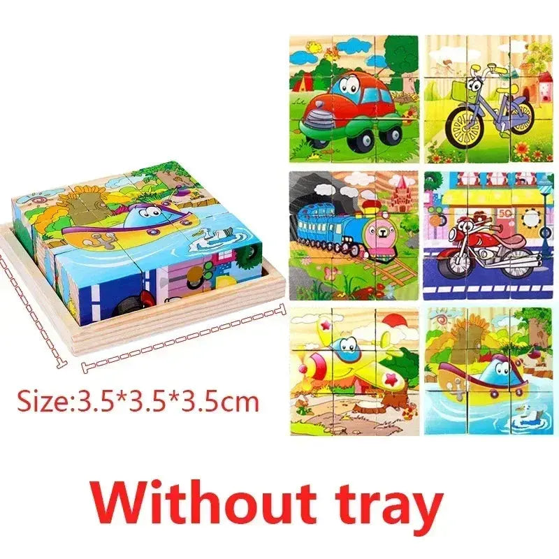 3D cube Wooden puzzle children's nine pieces six-sided wooden block tray children's Montessori learning educational puzzle toys Pinochio