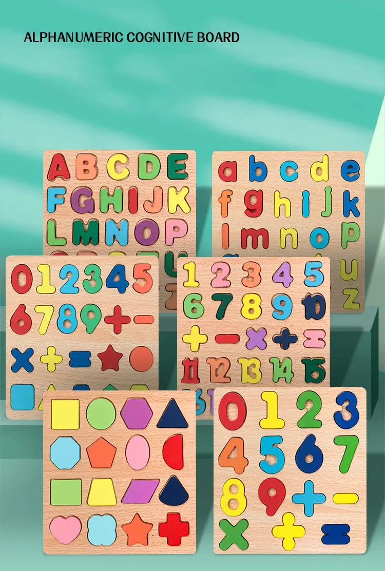 Kids Alphabetic Arithmetic Number Geometric Shapes Wooden Puzzle Montessori Preschool Learning Educational Game Toy for Children Pinochio