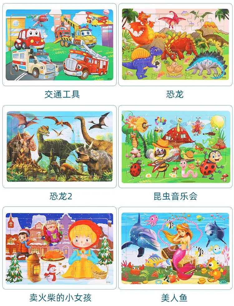 NEW Wooden 30pcs Puzzles Children Animal Dinosaur Cartoon Plane Puzzle Baby Early Education and Intellectual Building Block Toys Pinochio