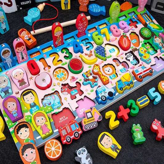 QWZ Kids Montessori Educational Wooden Math Toys Children Busy Board Count Shape Colors Match Fishing Puzzle Learning Toys Gifts Pinochio