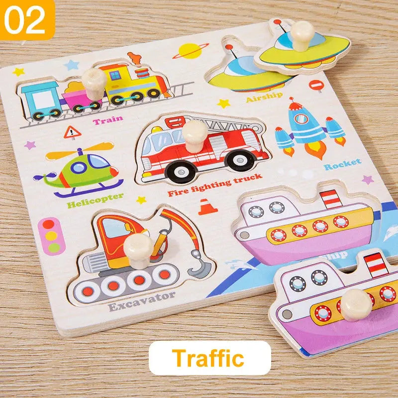 Wooden Puzzle Montessori Toys for Kids Cartoon Animal Traffic Hand Grab Boards Early Learning Educational Toys for Children Pinochio