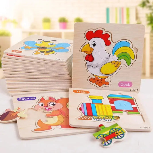3 PCs Random Color Puzzle 3D Toys Early Education Wooden Cartoon Animal Puzzle Puzzle Infant Puzzle Board Toys Pinochio