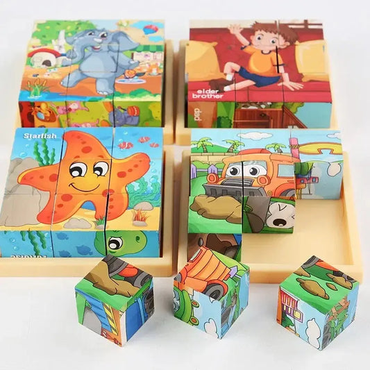 3D cube Wooden puzzle children's nine pieces six-sided wooden block tray children's Montessori learning educational puzzle toys Pinochio