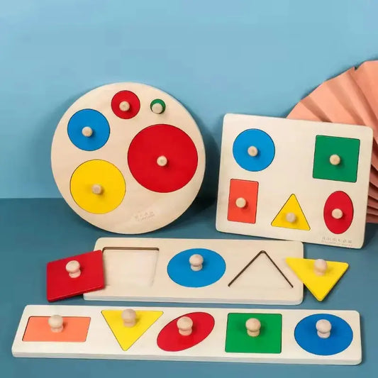 Montessori Wooden Puzzle Board Knob Wood Puzzle Geometric Shape & Color Sorter Puzzle Early Education Sensorial Toys for Toddler Pinochio