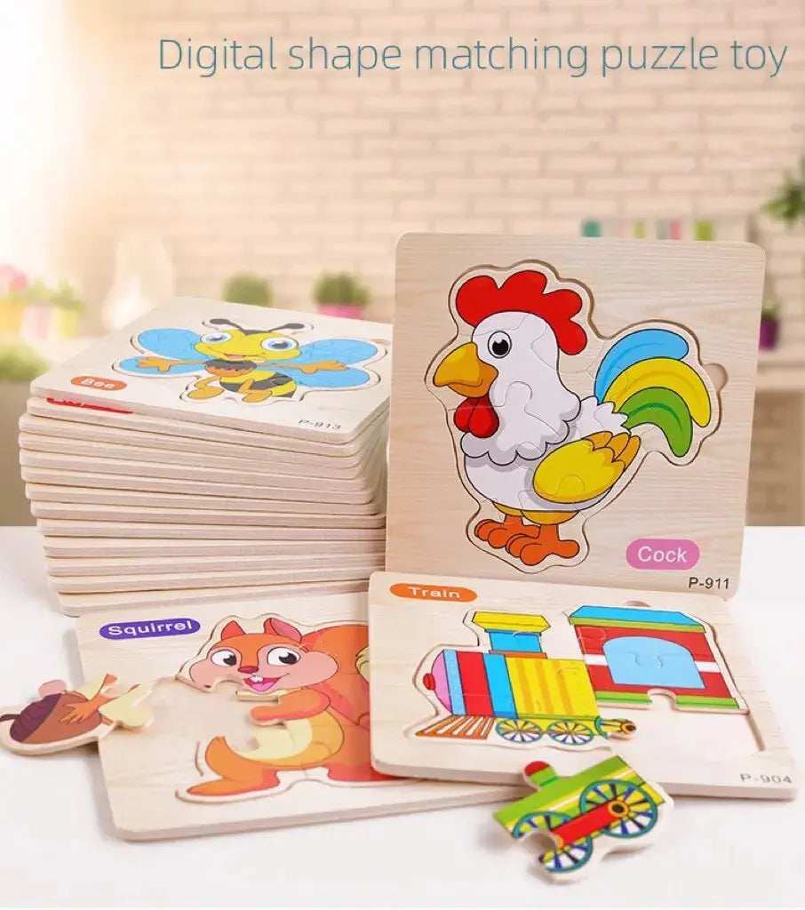 3 PCs Random Color Puzzle 3D Toys Early Education Wooden Cartoon Animal Puzzle Puzzle Infant Puzzle Board Toys Pinochio
