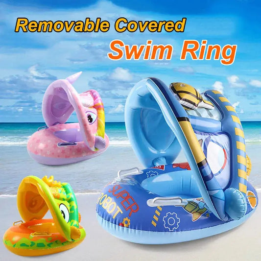 Inflatable Baby Swim Ring Seat Floating Sun Shade Toddler Swim Circle Outdoor Swimming Pool Bathtub Beach Party Summer Water Toy Pinochio