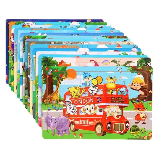 New 30 Pieces Wooden Puzzles Cartoon Animal Traffic Tangram Wood 3d Puzzle Montessori Educational Toys for Children Gifts Pinochio