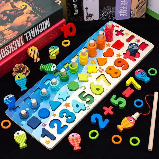Educational Wooden Toys Children Busy Board Math Fishing Children's Wooden Preschool Montessori Toys Counting Geometry Kids Toys Pinochio