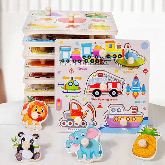 Wooden Puzzle Montessori Toys for Kids Cartoon Animal Traffic Hand Grab Boards Early Learning Educational Toys for Children Pinochio