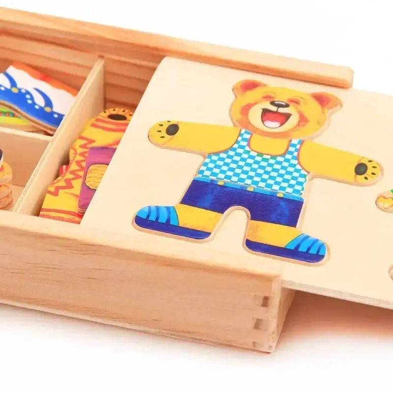 Little Bear Change Clothes Children's Early Education Wooden Jigsaw Puzzle Dressing Game Baby Puzzle Toys for Children Gift Pinochio