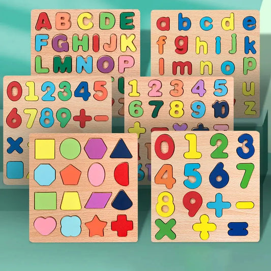 Kids Alphabetic Arithmetic Number Geometric Shapes Wooden Puzzle Montessori Preschool Learning Educational Game Toy for Children Pinochio